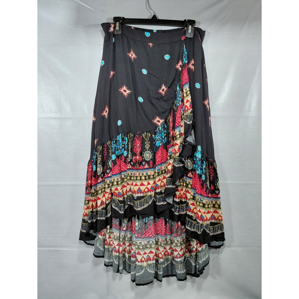 The Pyramid Collection High Low Asymmetrical Ruffle Skirt XL Black Multicolor